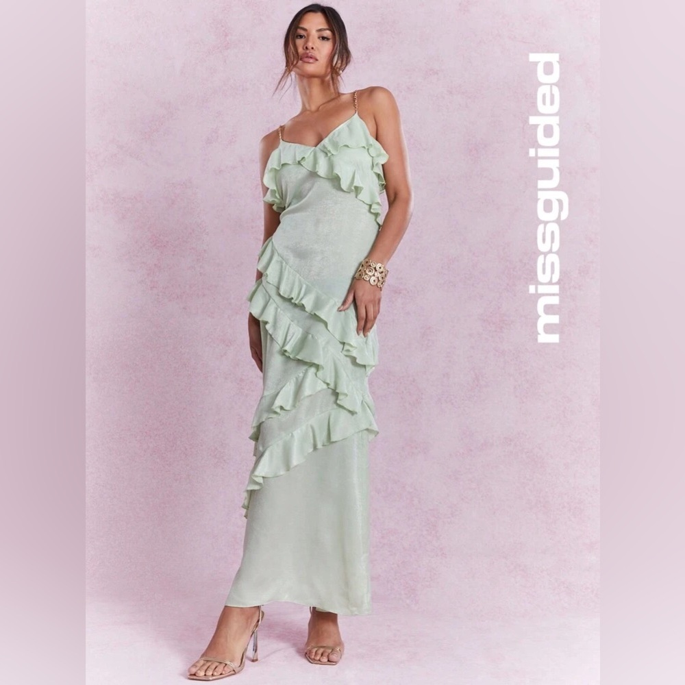 Missguided Mint Green Ruffle Slip Maxi Dress Gold Chain Straps Medium NWT - Picture 3 of 7